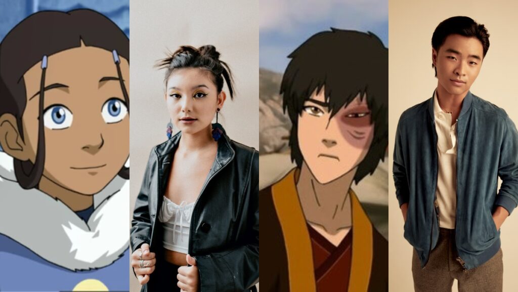 Alternating images of Katara and Zuko from animated show and live action casting annoucement 1