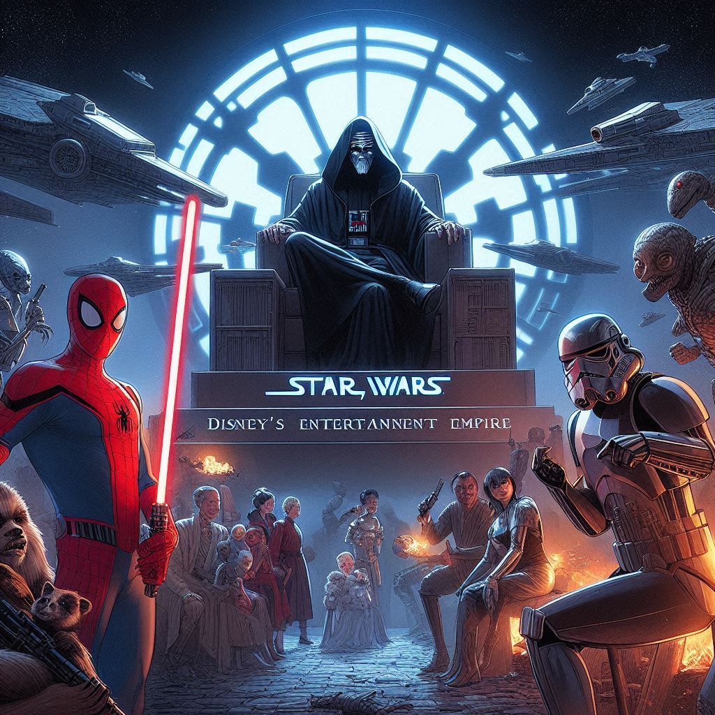 Disney's Marvel and Star Wars logos on a galaxy background.